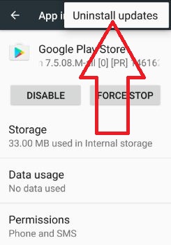 ถอนการติดตั้งการอัปเดต play store เพื่อแก้ไขข้อผิดพลาดของ play store RPC S 7 AEC 0