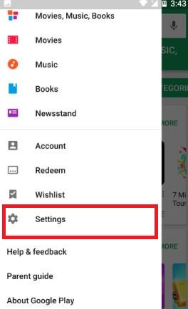 แตะที่การตั้งค่าใน Google play store